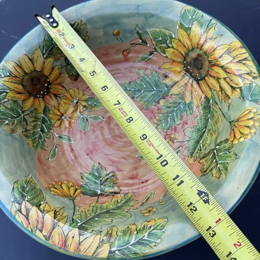 Vintage Sunflower Footed Pedestal Bowl Hand Painted Ceramic Centerpiece 12”